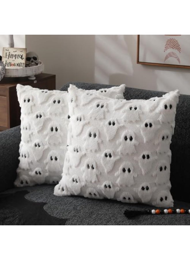 ChicAbode 2 Pcs Halloween Pillow Covers, 18x18 Inch White Ghost Throw Pillow Cases, Soft Plush Faux Fur Cushion Covers for Sofa Couch Chair Bedroom Living Room Home Decor - Image 4